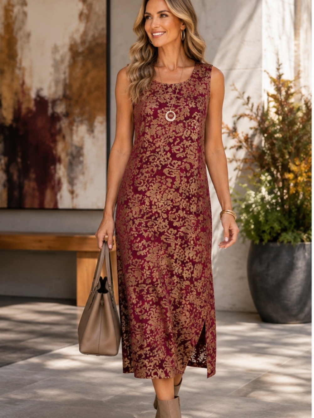 Nina Leonard Maroon Floral Floral Burnout Tank Midi Dress Large Petite NWOT